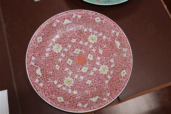 Two Chinese turquoise and pink ground dishes